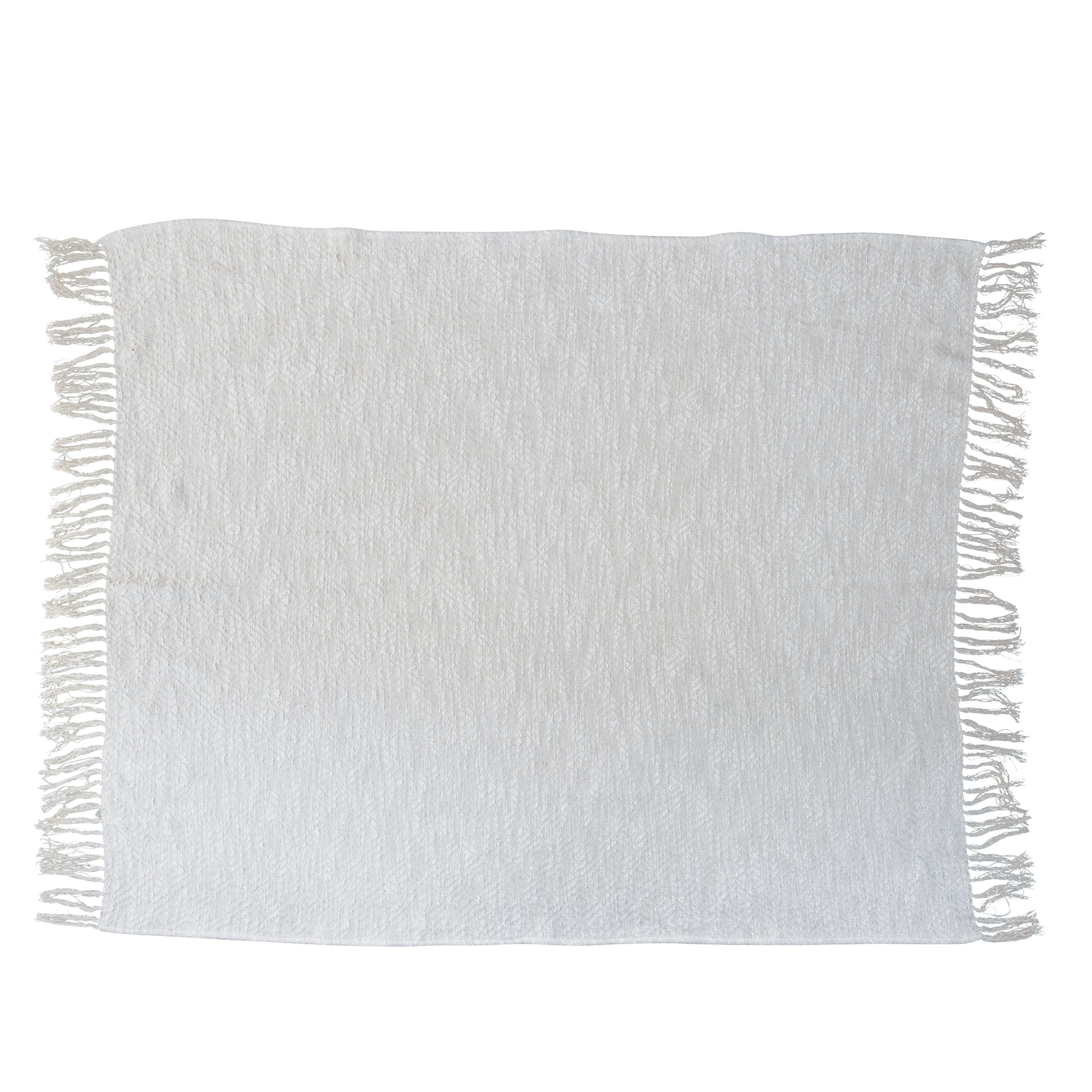 Storied Home Cotton Throw Blanket With Silver Metallic Thread And Fringe, Cream In White