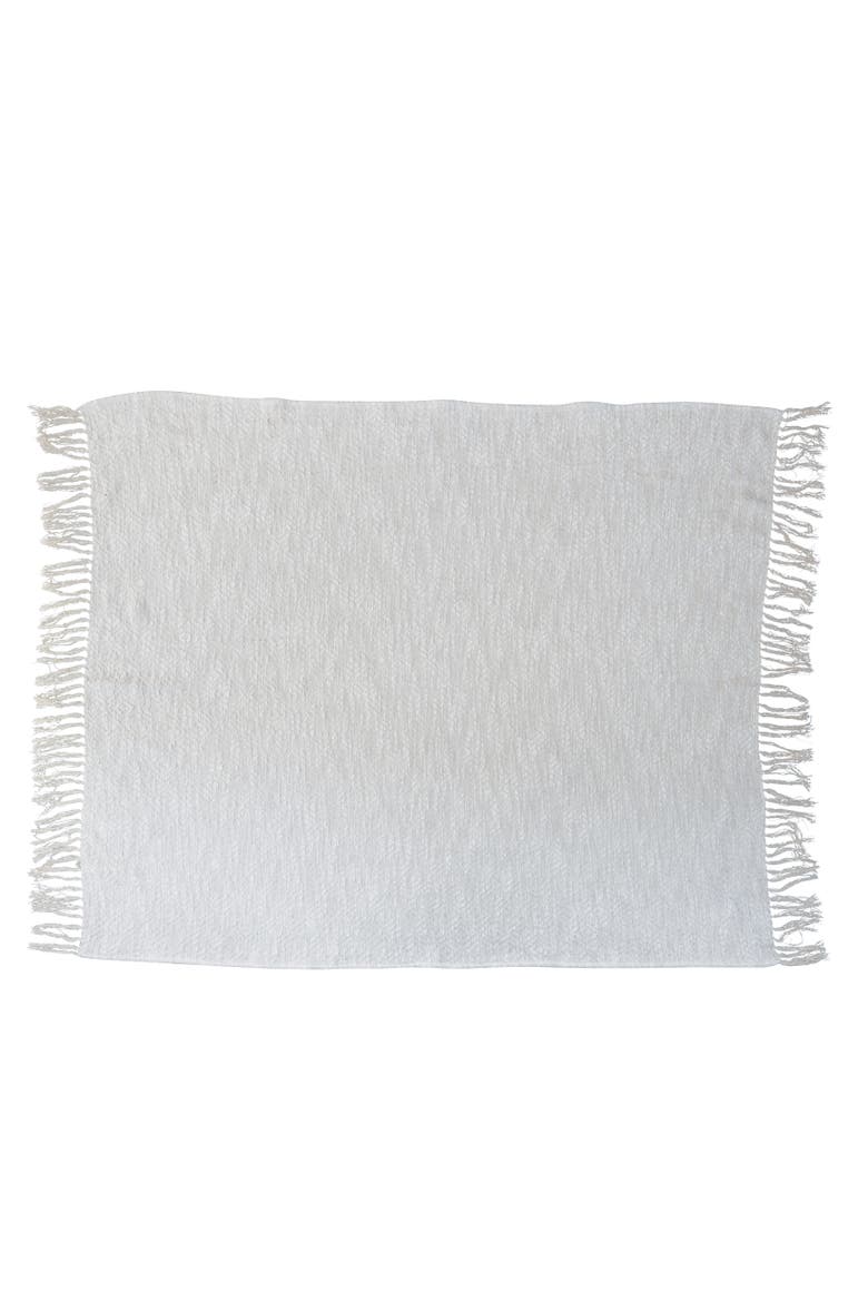Cotton Throw Blanket with Silver Metallic Thread and Fringe, Cream, Main, color, Cream