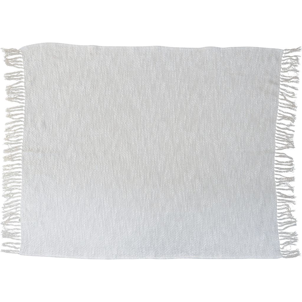 Storied Home Cotton Throw Blanket With Silver Metallic Thread And Fringe, Cream In White