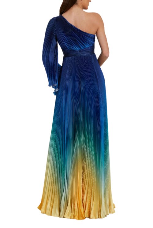 Mac Duggal Pleated Charmeuse One Long Flare Sleeve Gown In Blue Ombre