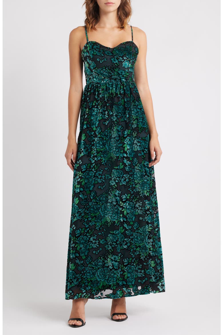 Minka Floral Velvet Burnout Gown, Main, color, EMERALD MULTI