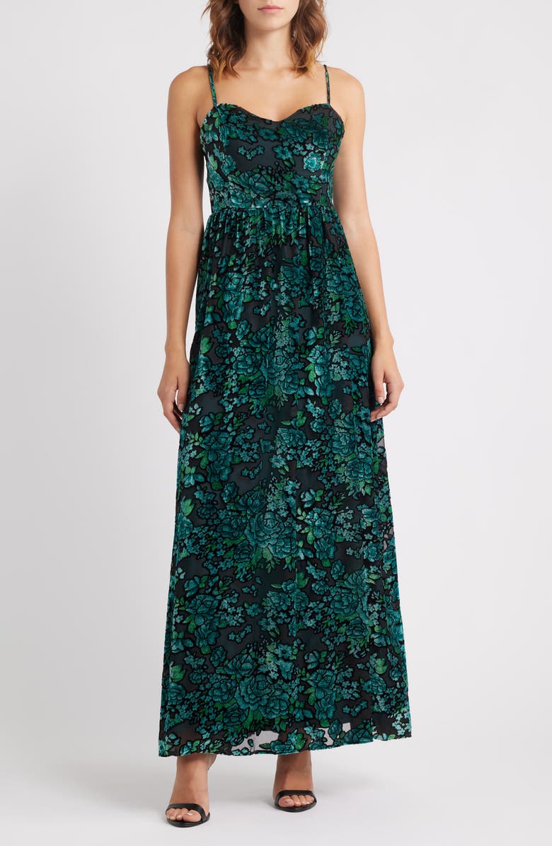 Lulus Minka Floral Velvet Burnout Gown, Main, color, Emerald Multi