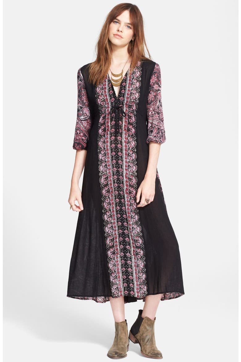 Print Gauze A-Line Midi Dress, Main, color, BLACK COMBO
