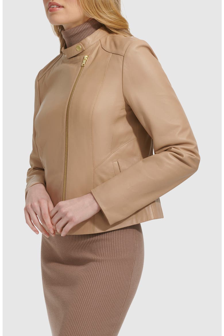 Band Collar Leather Moto Jacket, Alternate, color, SESAME