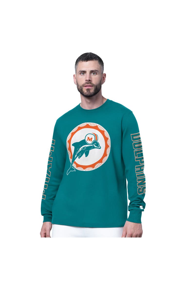 Men's Starter Aqua Miami Dolphins Clutch Hit II Vintage Logo Long-Sleeve T-Shirt, Main, color, Aqua