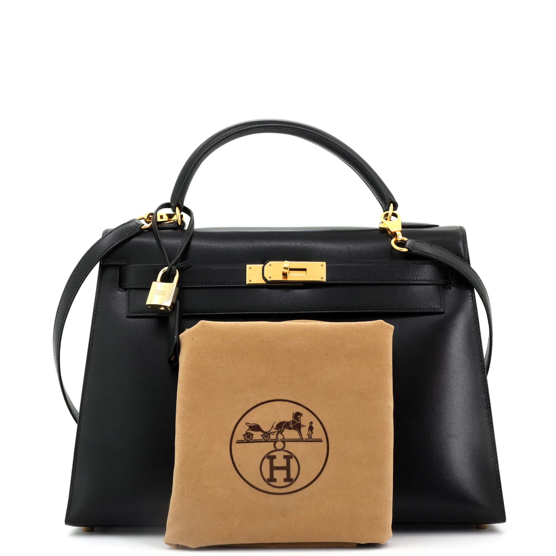 Pre-Owned Hermes Kelly Handbag Black Box Calf with Gold Hardware 32, Alternate, color, 