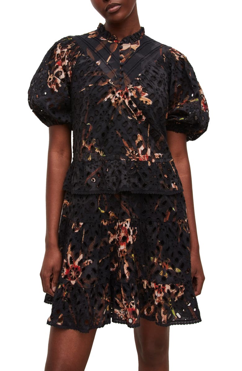 AllSaints Tila Kuroyuri Eyelet Embroidery Floral Print Cotton Minidress, Alternate, color, 
