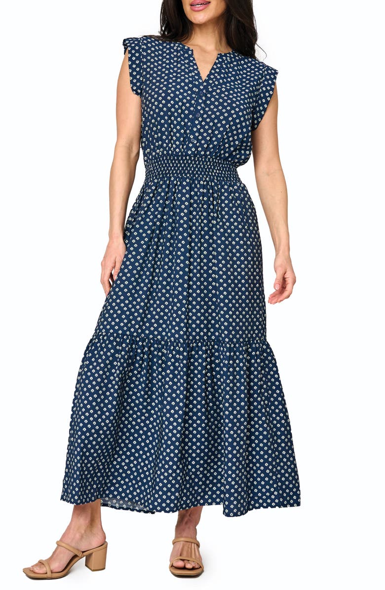 GIBSONLOOK Bohemian Smock Waist Maxi Dress, Main, color, Navy Daisy