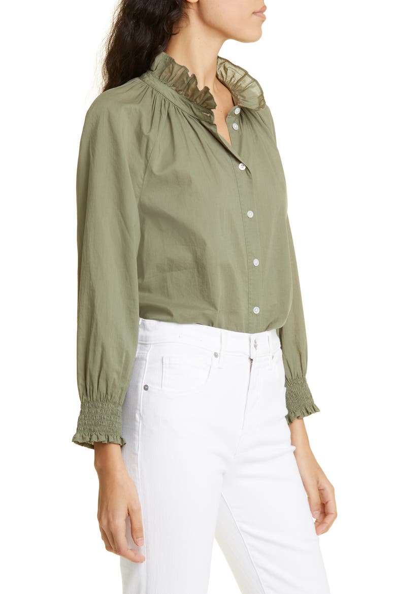 Calisto Ruffle Collar Cotton Button-Up Shirt, Alternate, color, BRIGHT ARMY
