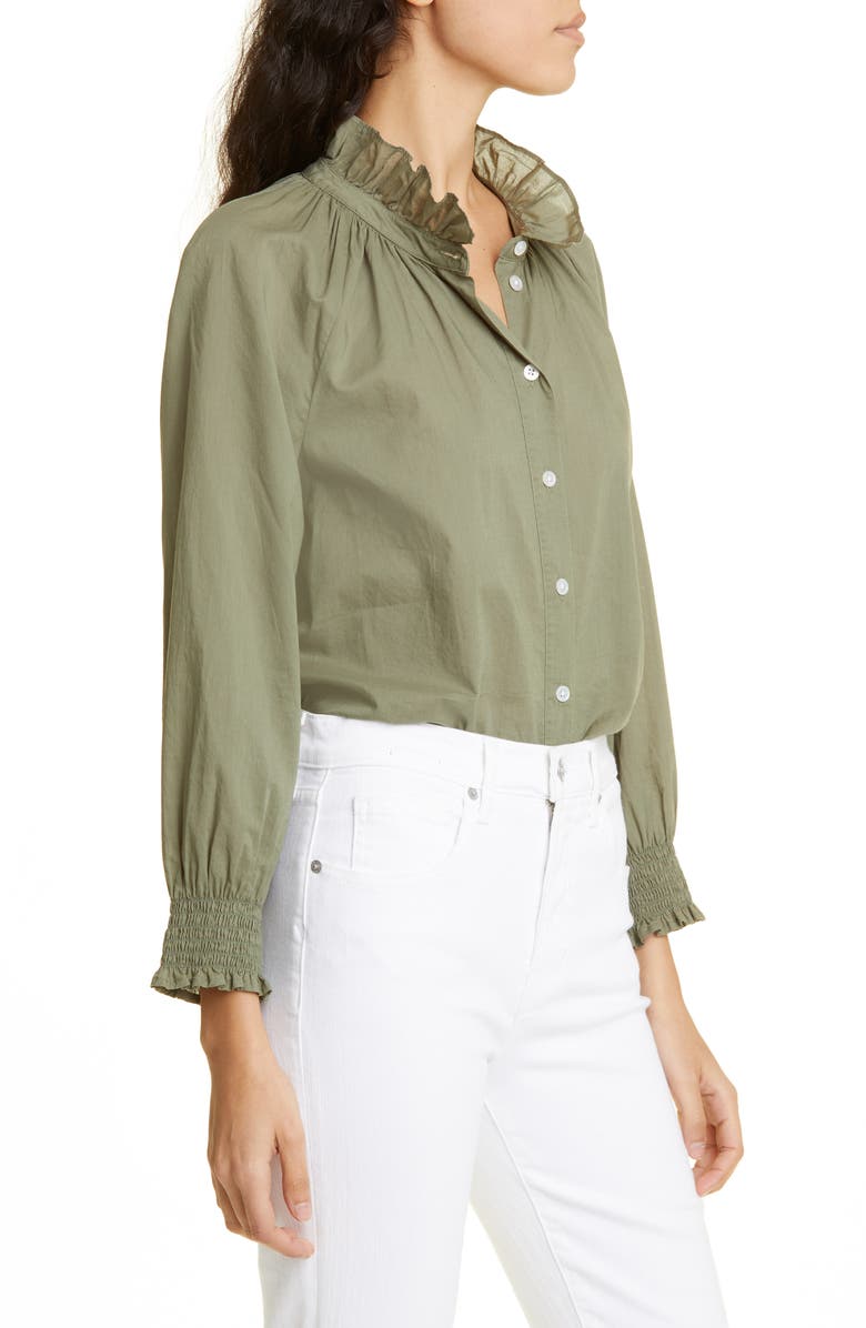 Veronica Beard Calisto Ruffle Collar Cotton Button-Up Shirt, Alternate, color, Bright Army