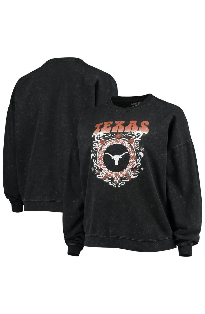 ZOOZATZ Women's ZooZatz Black Texas Longhorns Garment Wash Oversized Vintage Pullover Sweatshirt, Alternate, color,