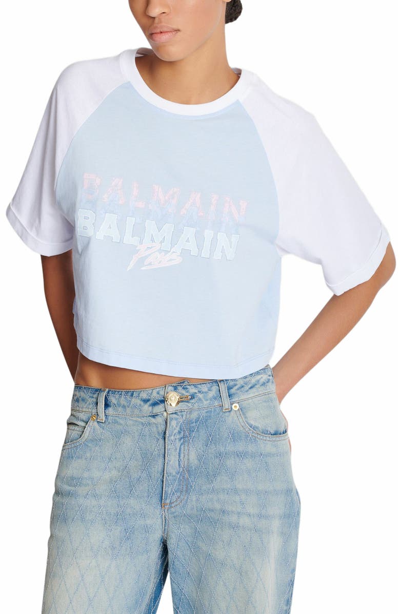 Balmain Cropped T-Shirt With Balmain Paris Print, Alternate, color, Blue