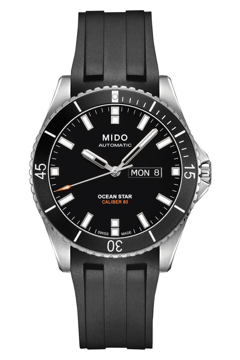 Ocean Star 200 Automatic Rubber Strap Watch, 42.5mm, Main, color, SILVER/ BLACK