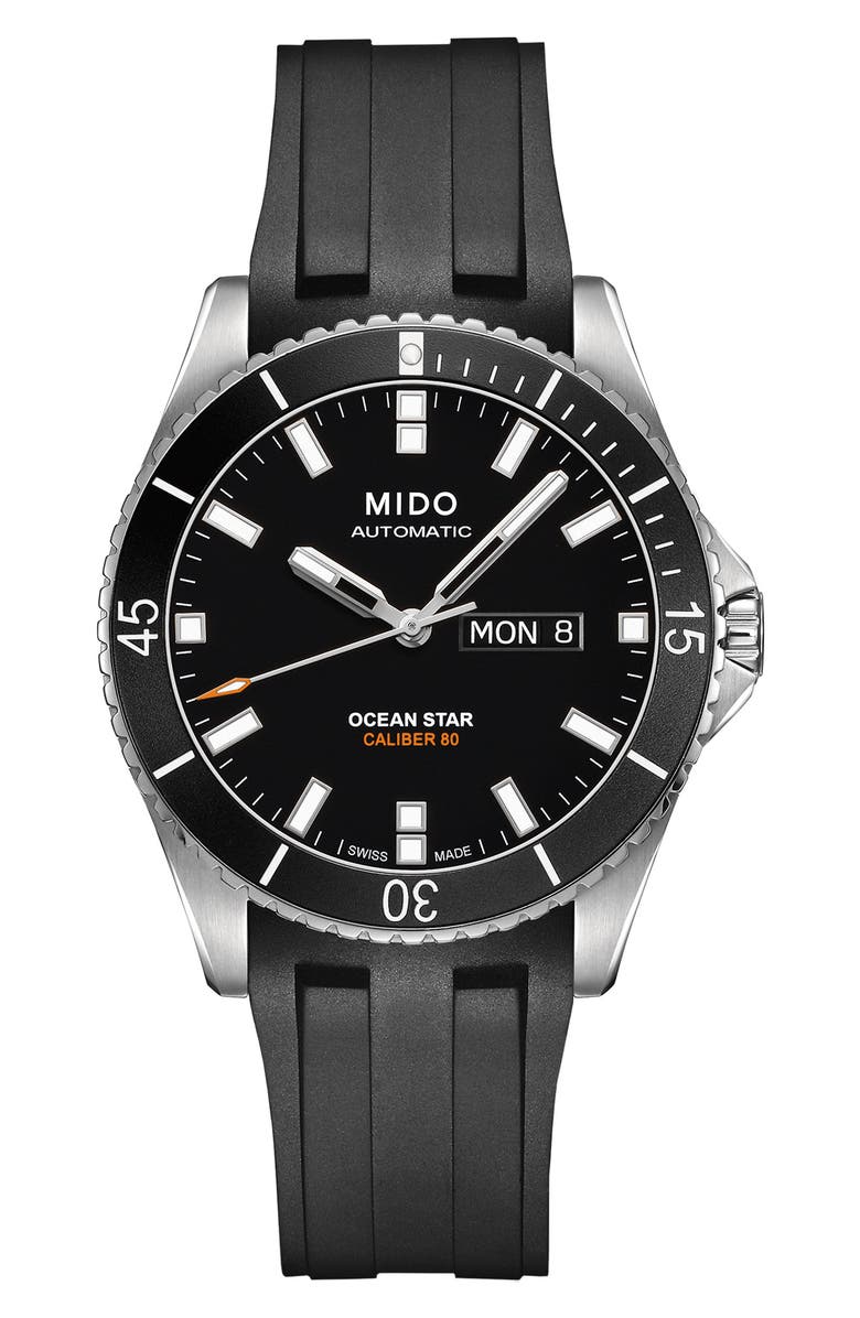 MIDO Ocean Star 200 Automatic Rubber Strap Watch, 42.5mm, Main, color, Silver/ Black