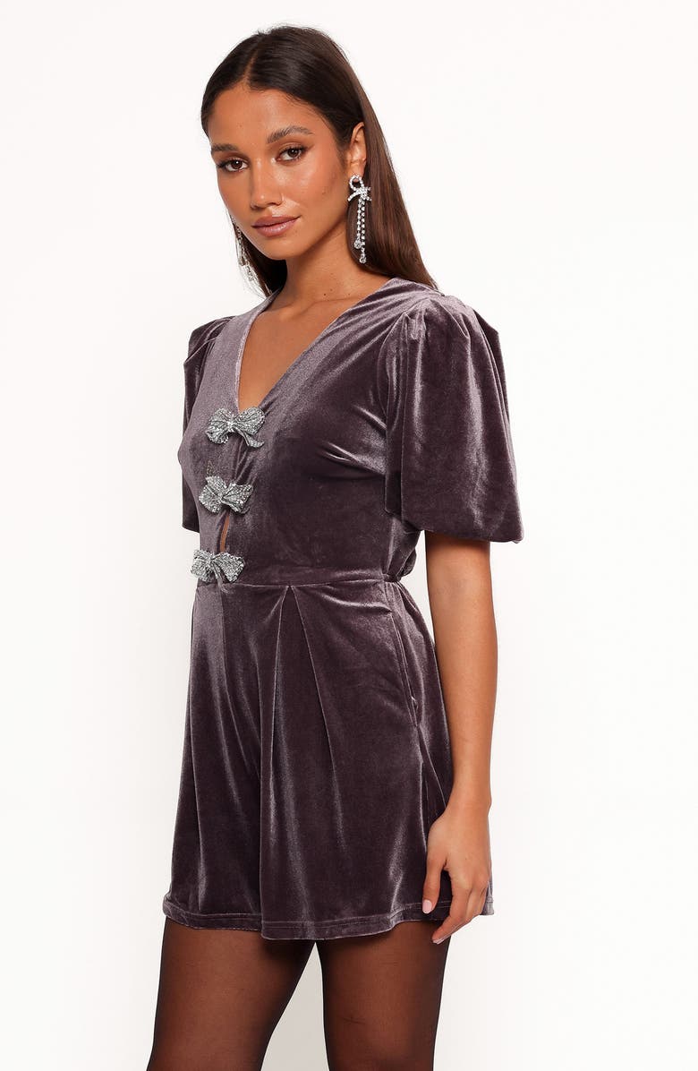 Petal & Pup Norah Rhinestone Bow Embellished Velveteen Romper, Alternate, color, Dark Purple