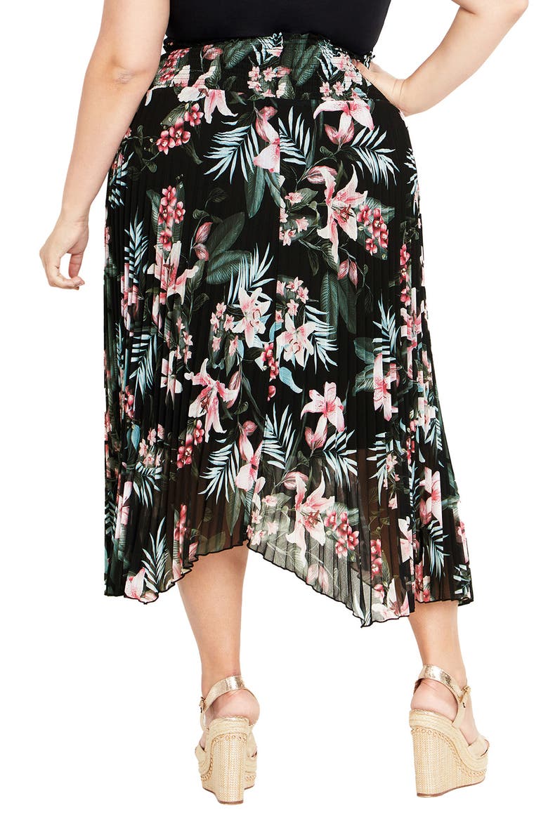City Chic Natalie Print Pleat Handkerchief Hem Midi Skirt, Alternate, color, 