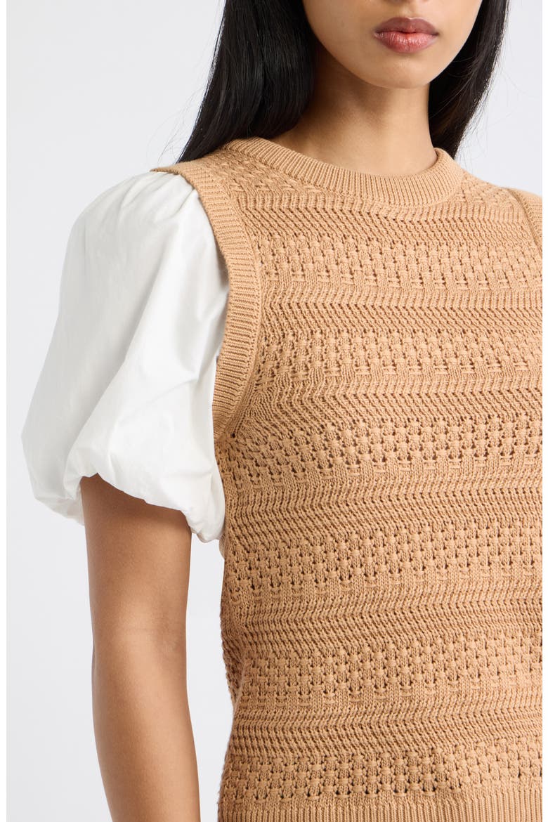 Danni Puff Sleeve Pointelle Knit Top, Alternate, color, CAMEL