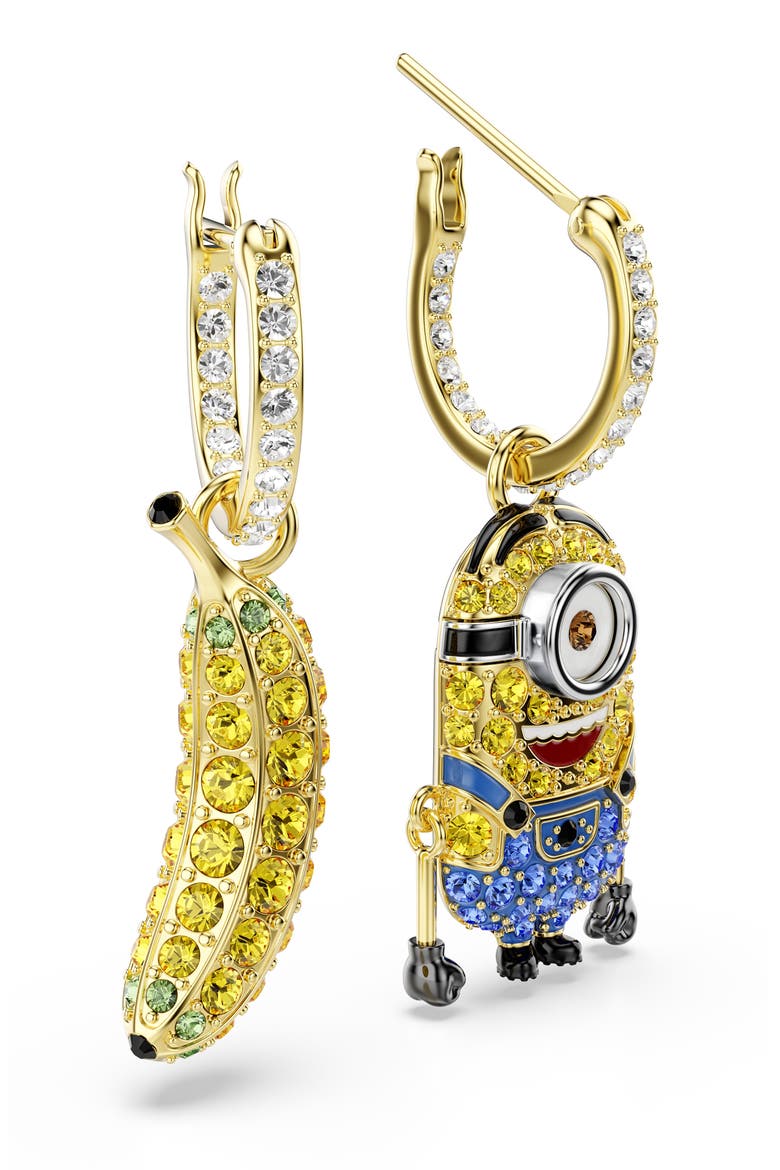 Minions® Stuart Banana Mismatched Crystal Hoop Earrings, Alternate, color, GOLD/ MULTI
