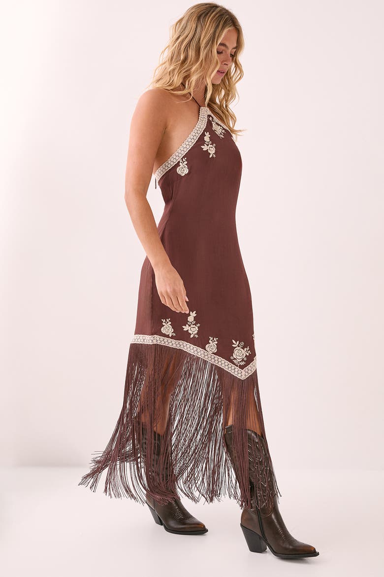 Halter Neck Tassel Mini Dress, Alternate, color, Chocolate