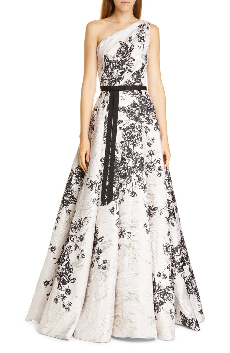 Marchesa Notte One-Shoulder Metallic Floral Ballgown, Main, color,