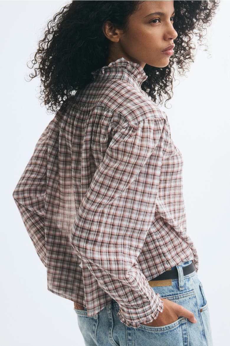 Ruffle-Trimmed Blouse, Alternate, color, Cream/checked