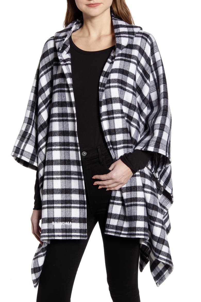 Tartan Plaid Hooded Wool Poncho, Main, color, BLACK/ IVORY