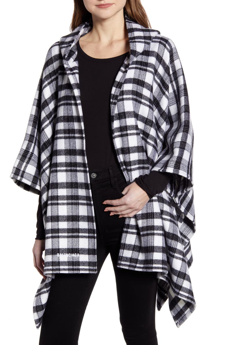 Balenciaga Tartan Plaid Hooded Wool Poncho, Main, color, Black/ Ivory