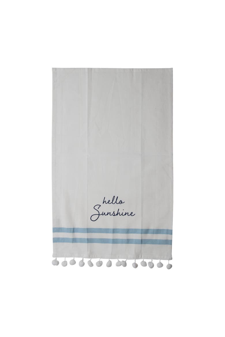 "Hello Sunshine" Handsewn Pom Poms Kitchen Dishtowel, Alternate, color, White