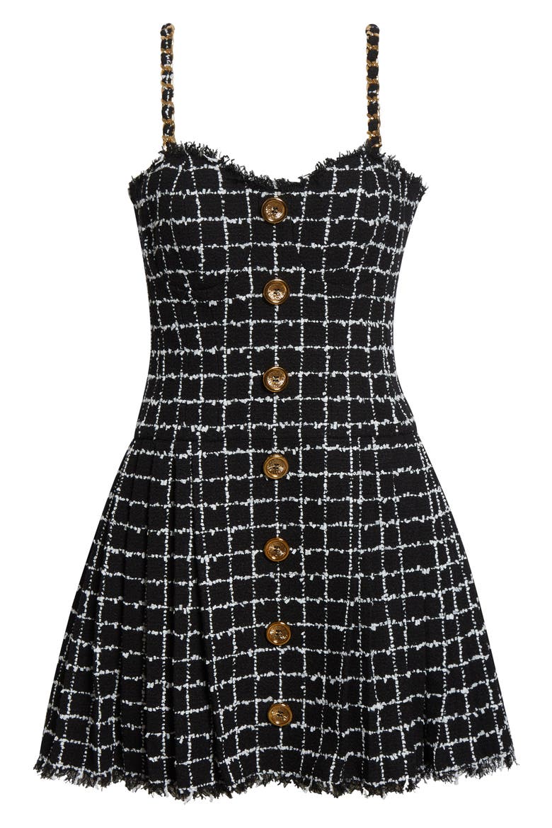Chain Strap Check Tweed Fit & Flare Minidress, Alternate, color, EAB BLK/ WHITE