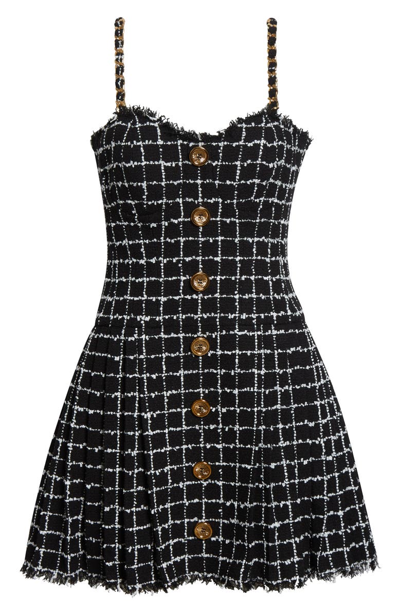 Balmain Chain Strap Check Tweed Fit & Flare Minidress, Main, color, Eab Blk/ White