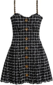 Balmain Chain Strap Check Tweed Fit & Flare Minidress
