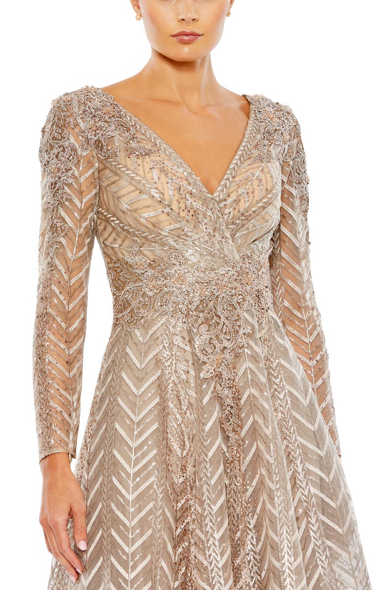 Mac Duggal Embellished Long Sleeve Wrap Over Dress, Alternate, color, Taupe