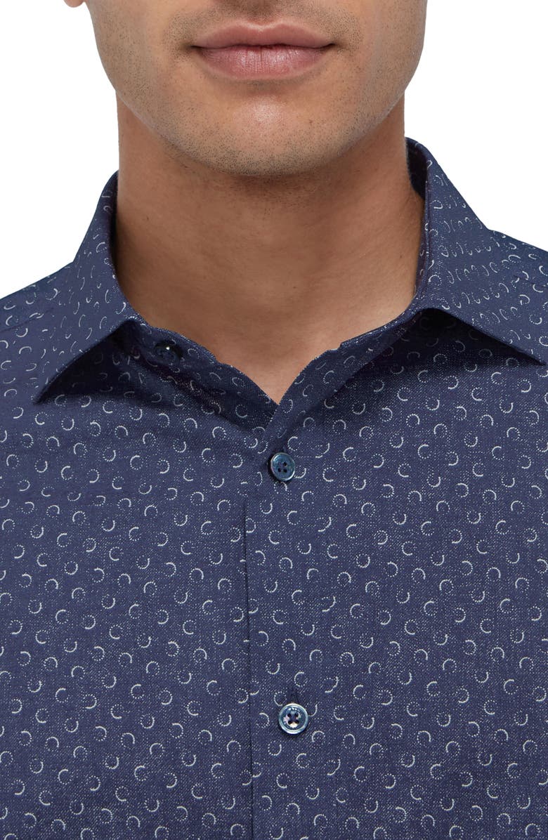 Bugatchi Axel Shaped Fit Trellis Print Stretch Cotton Button-Up Shirt, Alternate, color, Navy