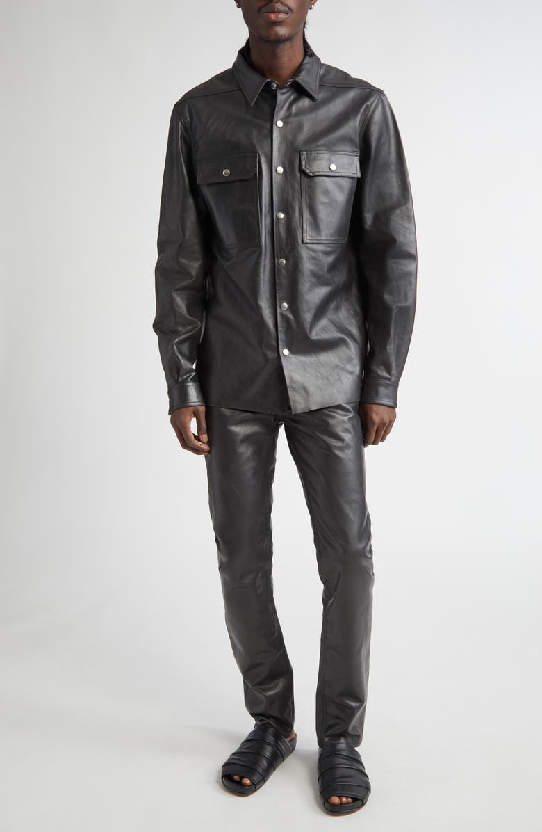 Rick Owens Leather Shirt Jacket, Alternate, color, Black