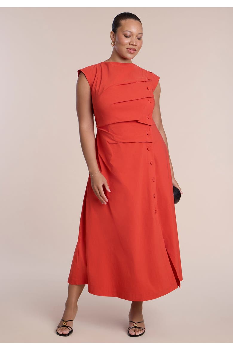 Pleated Button Detail Midi Dress, Main, color, AURORA RED