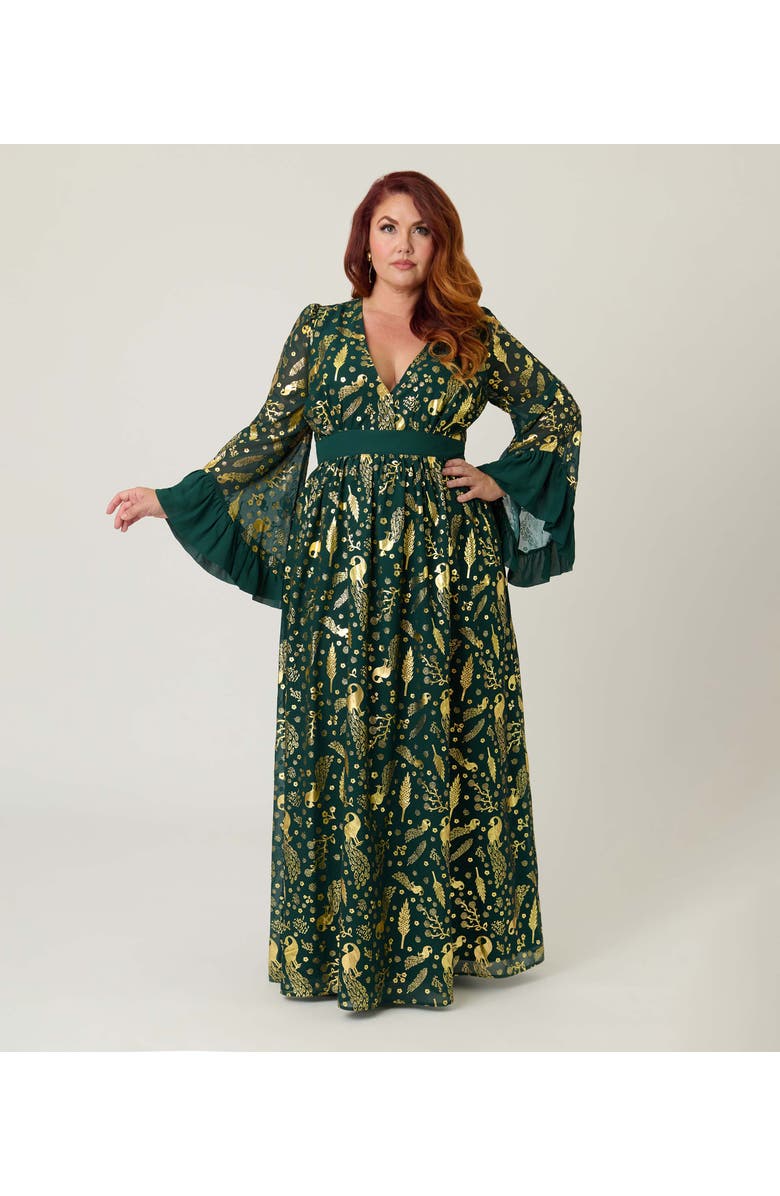 Unique Vintage Plus Size Long Sleeve Empire Waist Maxi Dress, Main, color, Green & Gold