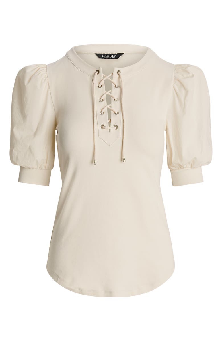 Lauren Ralph Lauren Lace-Up Stretch Cotton Puff Sleeve Top, Alternate, color,