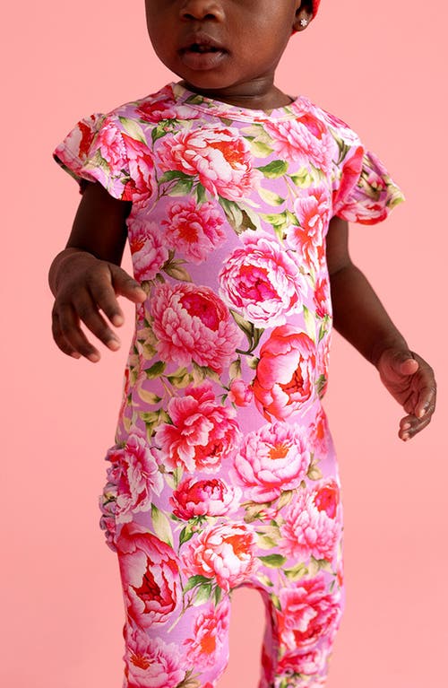 Posh Peanut Francoise Peony Print Ruffle Romper In Pink