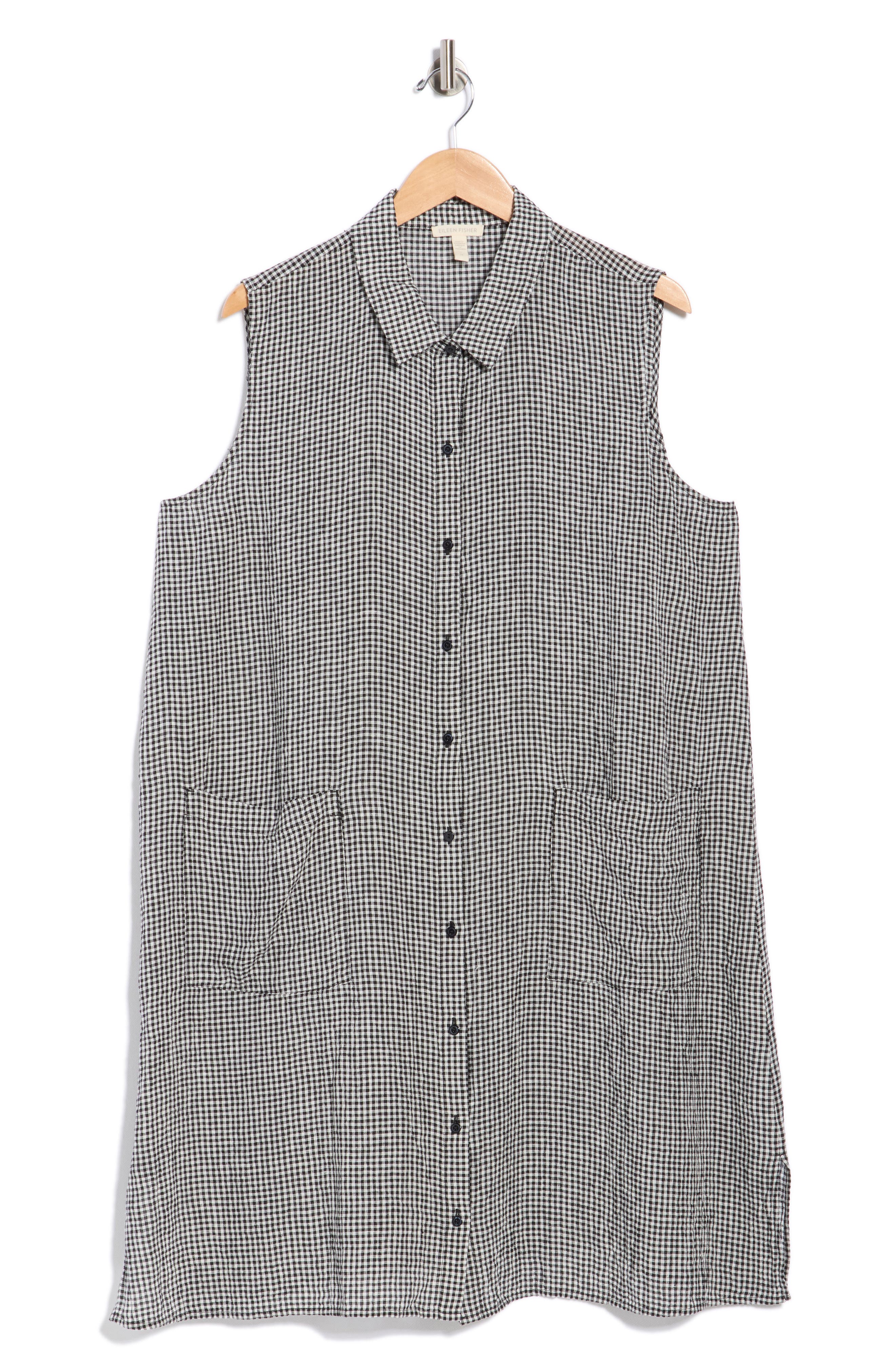 Eileen Fisher Gingham Sleeveless Organic Linen Shirtdress