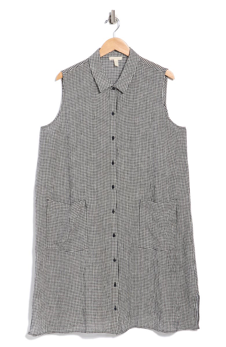 Eileen Fisher Gingham Sleeveless Organic Linen Shirtdress, Main, color, Black/ White