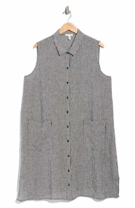 Eileen Fisher Gingham Sleeveless Organic Linen Shirtdress