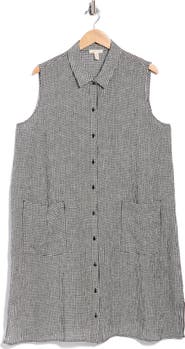 Eileen Fisher Gingham Sleeveless Organic Linen Shirtdress