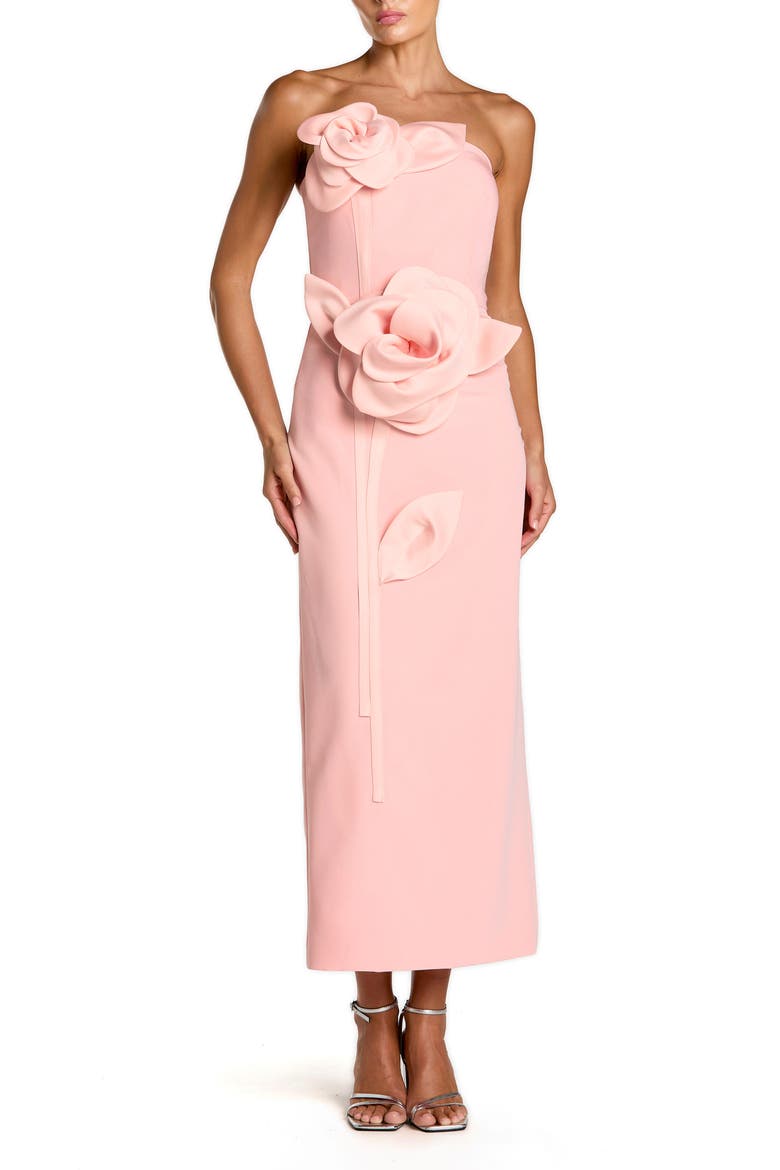 Women's Strapless Crepe Ankle Dress With 3D Satin Flowers, Main, color, Blush