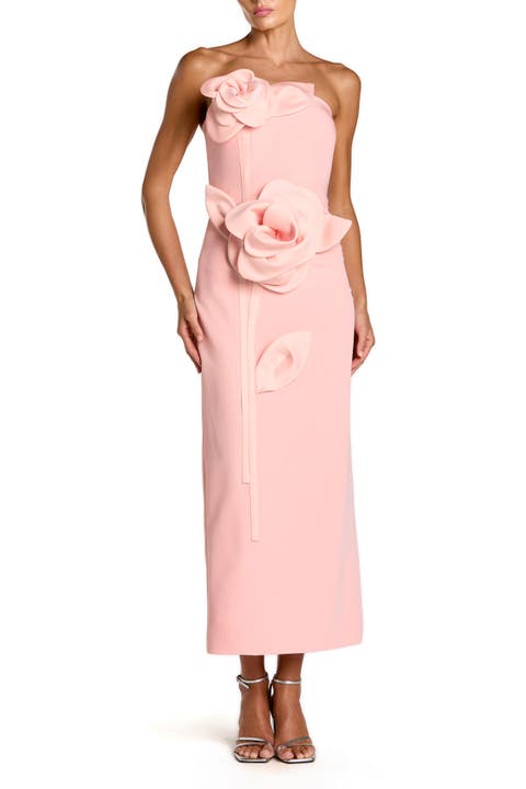 Women's Strapless Crepe Ankle Dress With 3D Satin Flowers