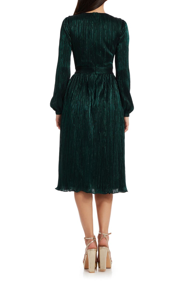 Holly Long Sleeve Metallic Plissé Dress, Alternate, color, DEEP EMERALD