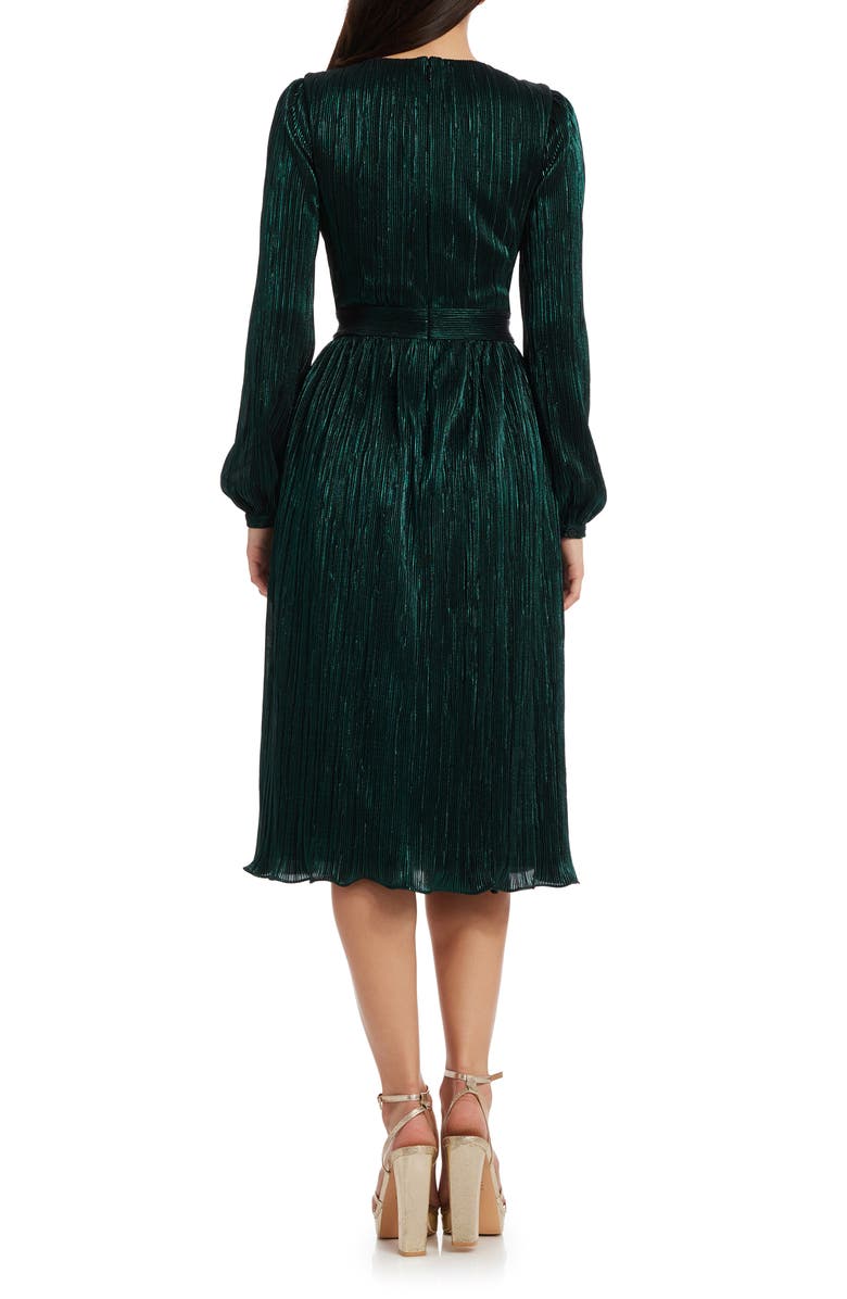 Dress the Population Holly Long Sleeve Metallic Plissé Dress, Alternate, color, Deep Emerald
