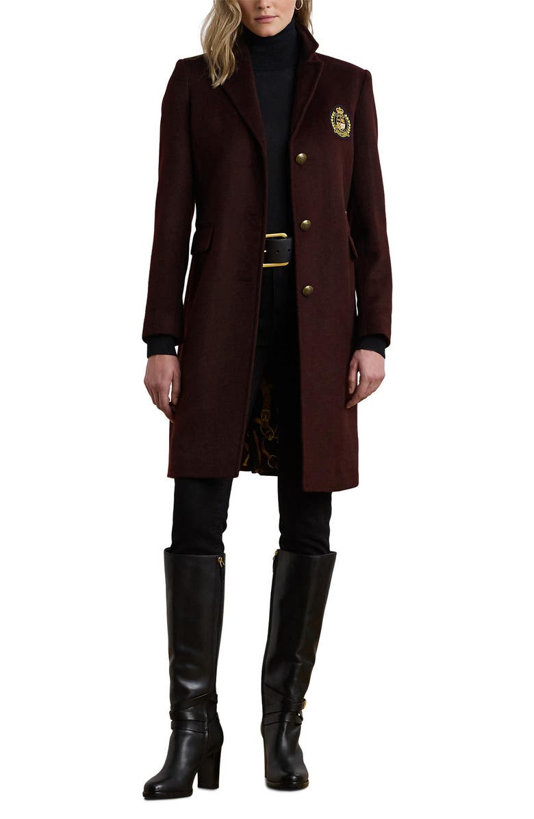 Lauren Ralph Lauren Crest Patch Wool Blend Reefer Coat, Alternate, color, Pinot Noir