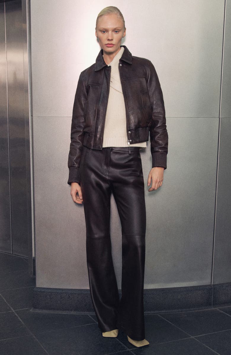 MANGO Crop Leather Bomber Jacket, Alternate, color, 