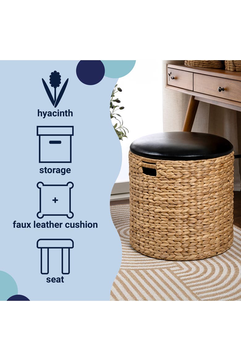 Josie 18" Modern Coastal Hand-Woven Hyacinth Storage Ottoman with Lid, Alternate, color, Natural/Black