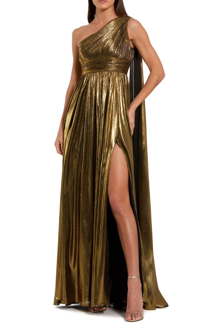 Petite One Shoulder Metallic Stretch Gown With Float, Main, color, Gold